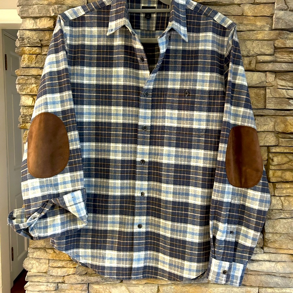 J Crew Flannel Shirt Men's Medium Gray Blue Brown Plaid Elbow Patches Cotton